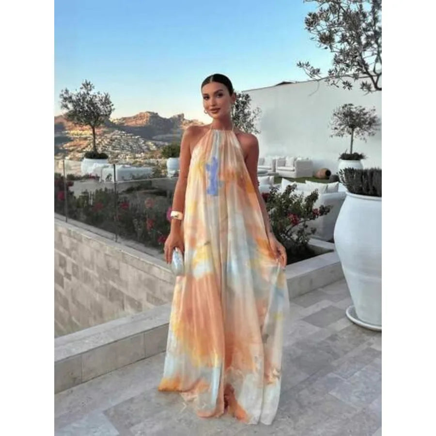 【New style】Vacation Outfits Women Summer Dresses For Women Halter Sleeveless Long Dress Watercolor Print Halter Neck Maxi Dress