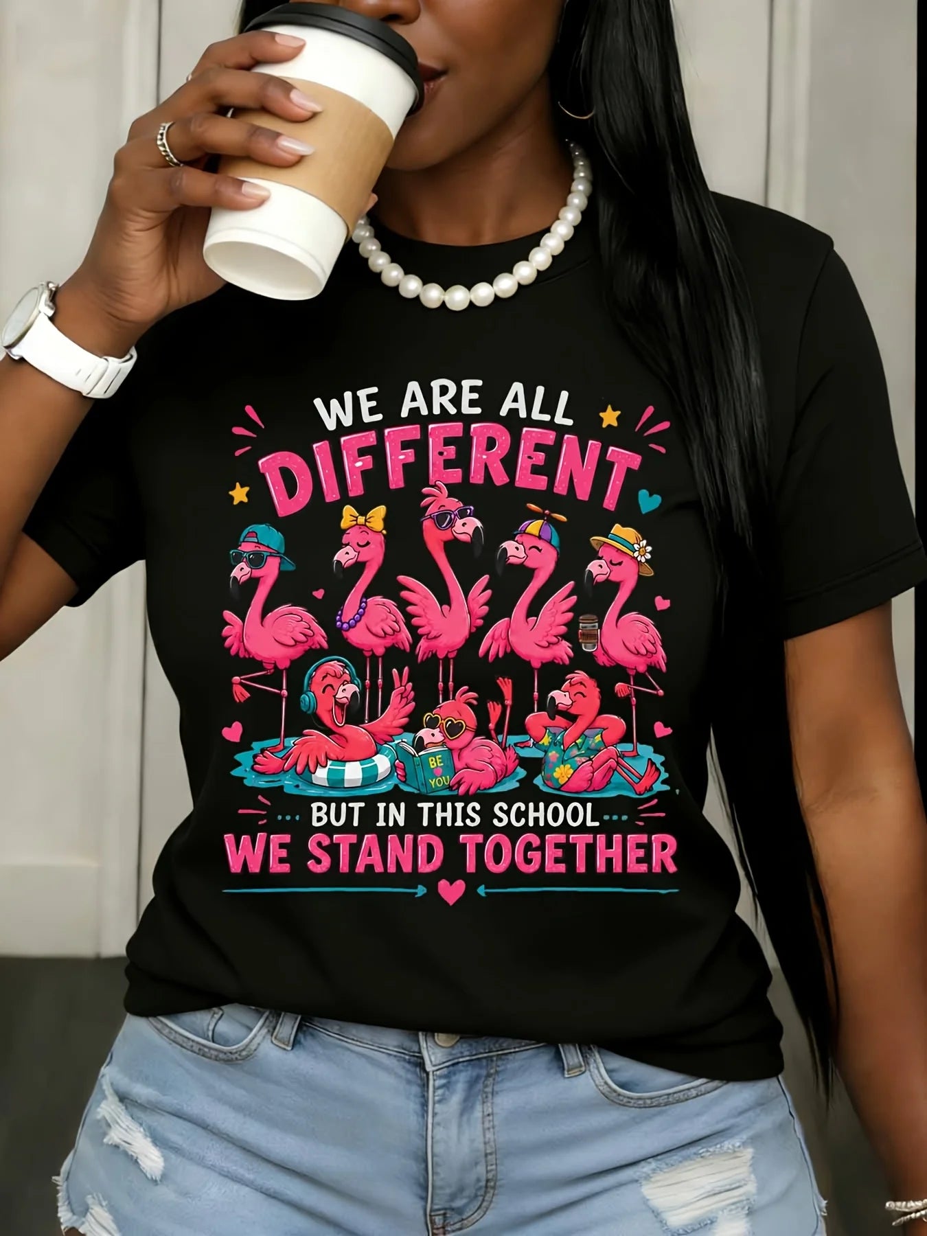 Cute Graphic Tee Women We Are All Different Flamingo Print School Unity t Shirt Teacher Student Back to School Outfit