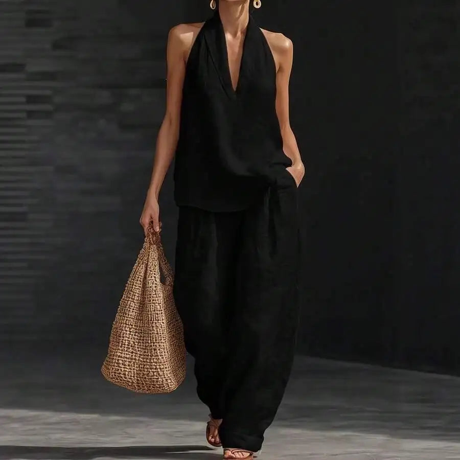 Casual 2 Piece Set Women Halter V Neck Sleeveless Top And Wide Leg Pants