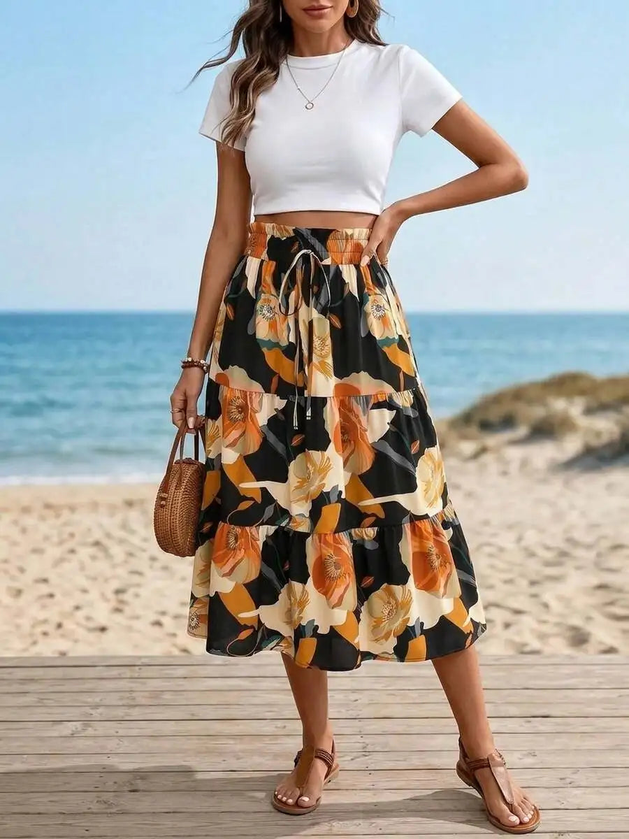 Boho Floral Print Tiered Ruffle Midi Skirt Women High Waist Elastic A-Line Flowy Summer Skirt