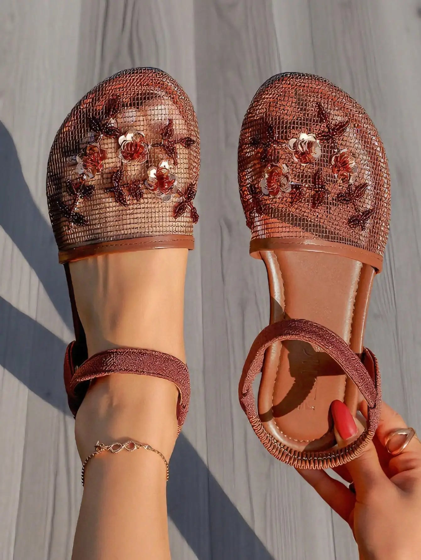Womens Black Mesh Mules With Beaded Floral Embellishment Slip-On Flat Sandals