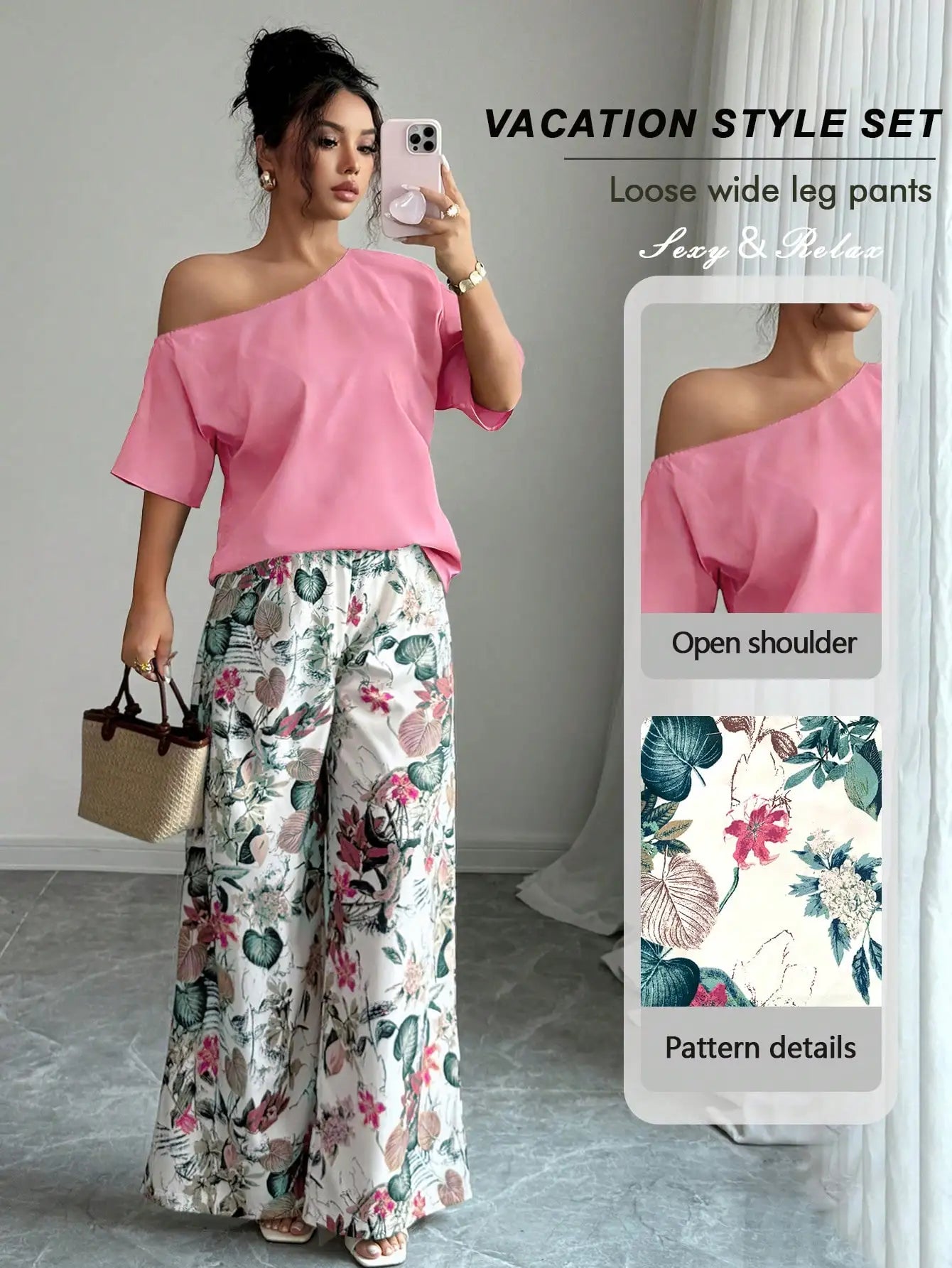Vacation Style 2pcs Set Women Asymmetrical Neck Blouse Floral Wide Leg Pants