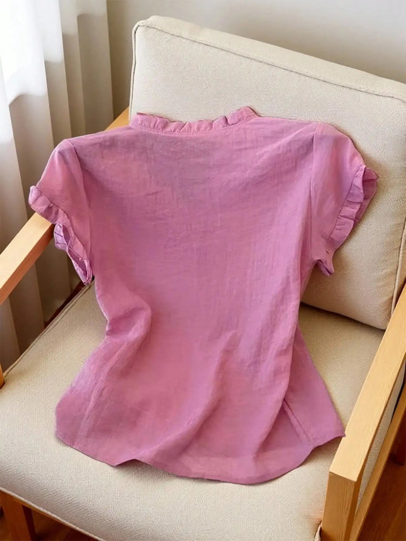 Women's Casual Pink Ruffled Collar Short Sleeve Button Up Blouse