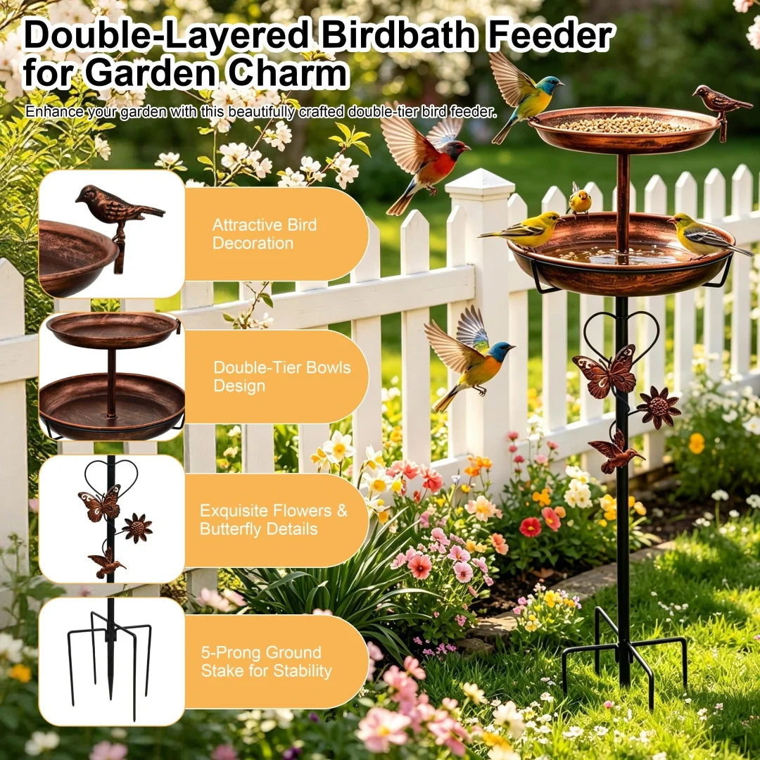 Outdoor Double-Layer Bird Feeder Birdbaths Bowl Freestanding Bird Bath Stand for Garden Yard Patio Decor with 5-Pronged Base