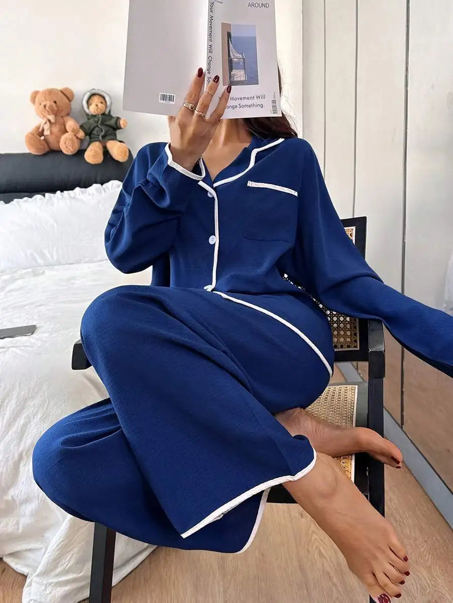 Womens Contrast Trim Lapel Loose Long Sleeve Pajama Set Light Green Sleepwear Lounge Wear