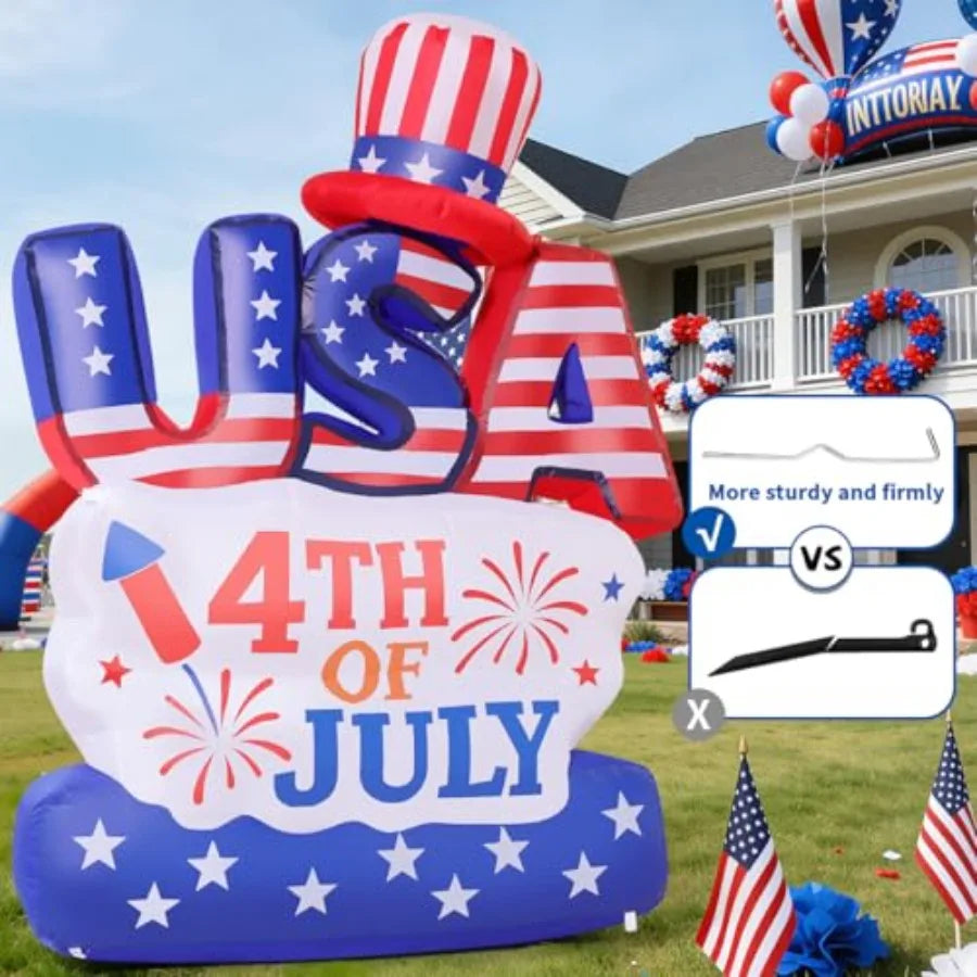 6.2FT 4th of July Inflatable Patriotic Decoration, USA Letter Hat Blow Up Yard Decor with Built-in LED Lights for Independence