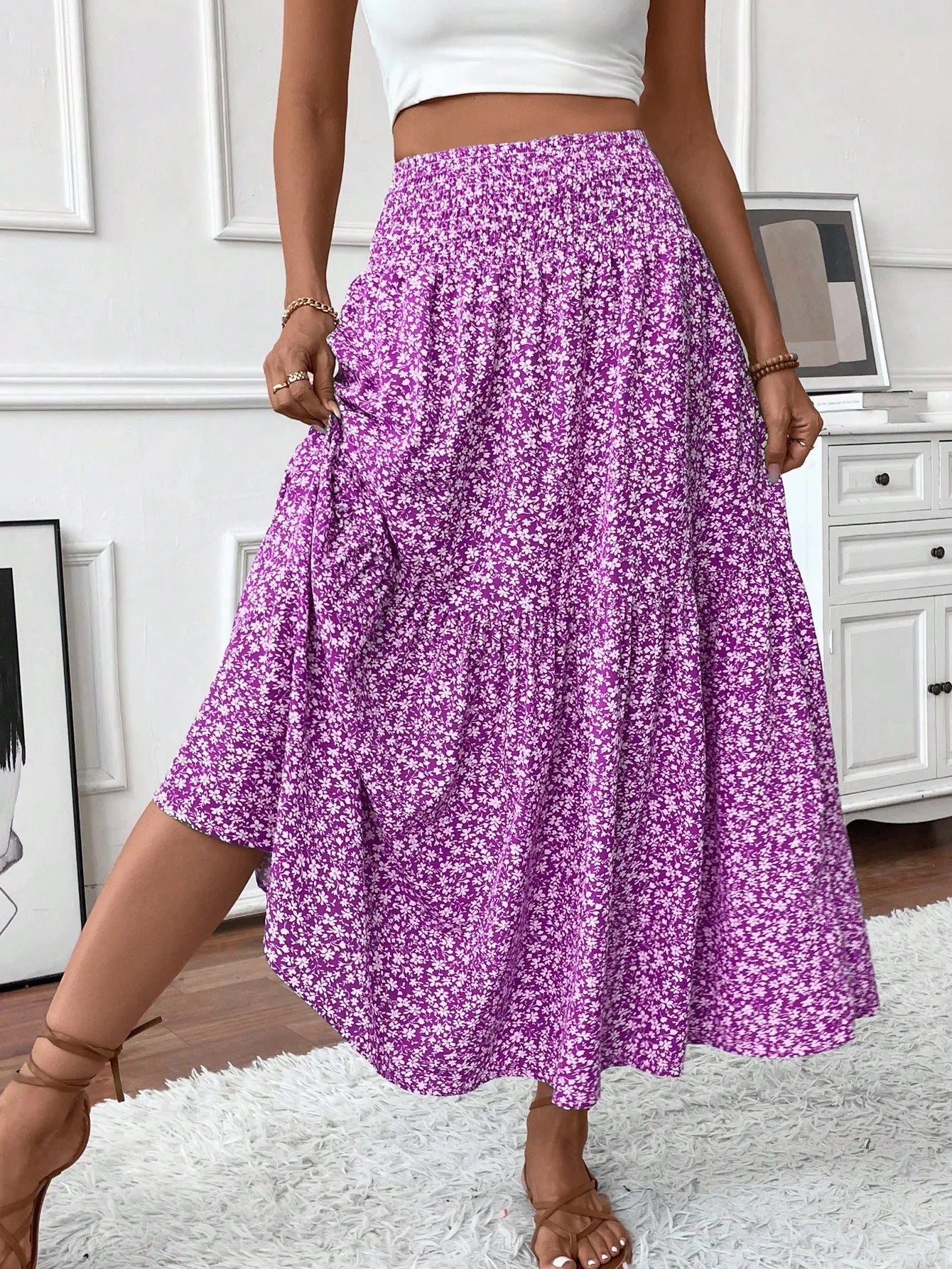 Womens Ditsy Floral A-Line Skirt With Pockets Elastic Waist Ruffle Hem