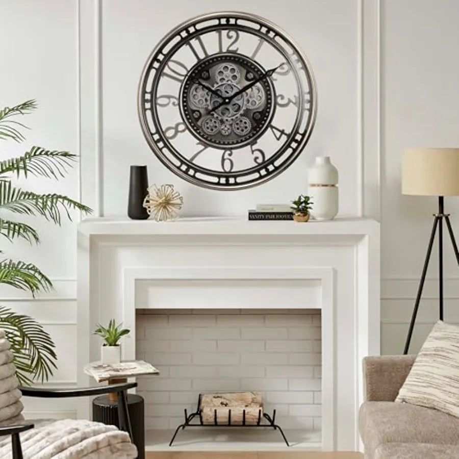21 Inch Large Moving Gear Wall Clock for Living Room, Industrial Steampunk Decor, Gunmetal Silver Finish, Metal Construction
