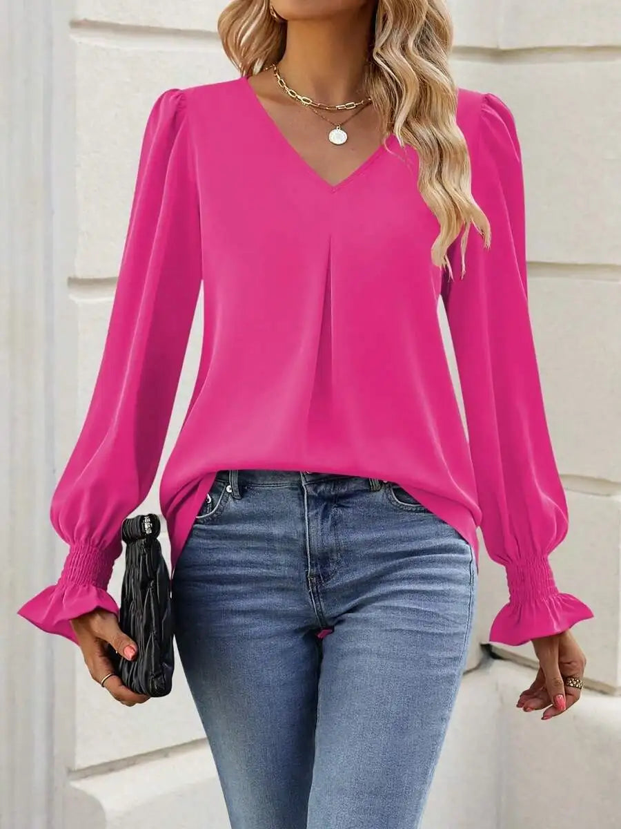 Womens Long Sleeve V Neck Loose Chiffon Blouse Casual Elegant Tunic Top