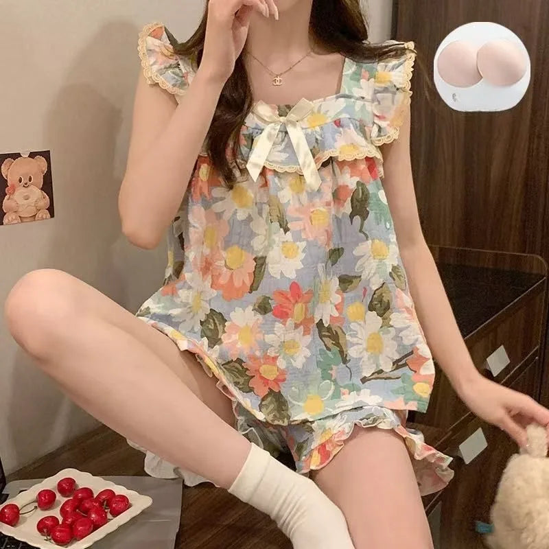 Set Sexy Women Summer Pajamas Sleeveless Sleepwear Trousers Sets Short Sleeve Sleepwear Women's Pajama Sleeping Sleep Lounge