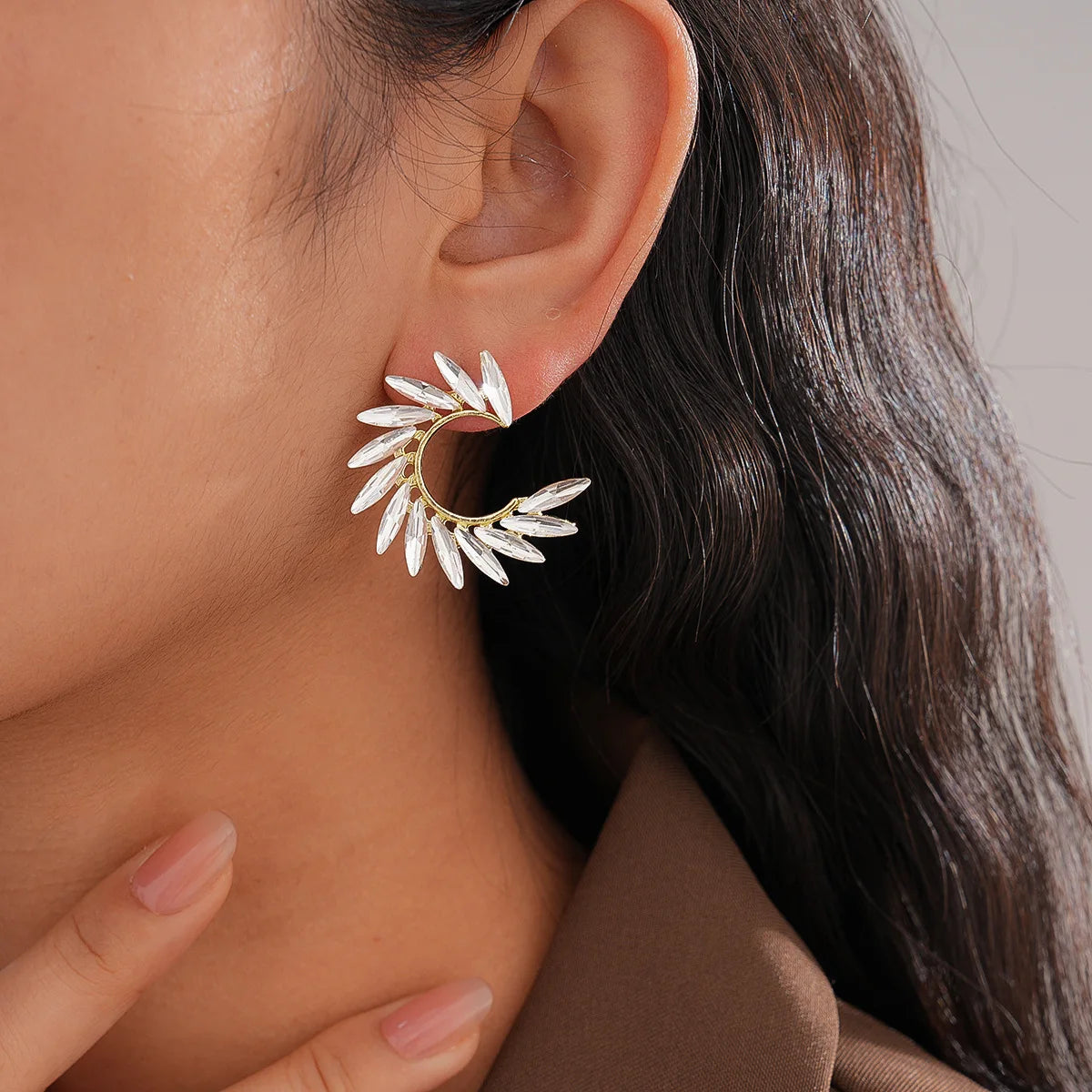 European American Style Cross Border Rhinestone Rice Grain C shaped Silver Needle Stud Earrings Light Luxury Premium Sense Niche Design Women Earrings
