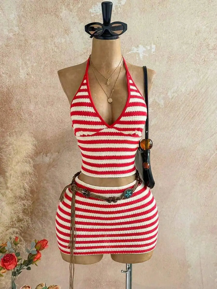 Womens 2-Piece Vacation Set: Halter Neck Floral Top & Matching Skirt, Beach Summer Outfit