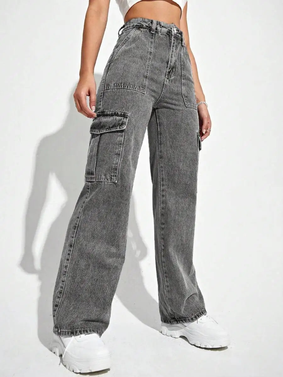 High Waist Flap Pocket Cargo Jeans Y2k Style Wide Leg Denim Pants