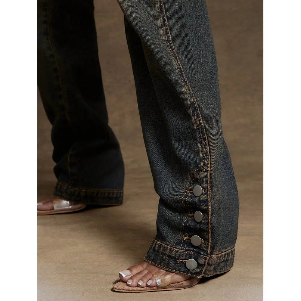 Straight Leg Ankle Slit Button Detail Denim Jeans