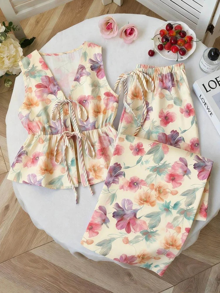 Pant Suit V Neck Sleeveless Drawstring Waist Floral Print Split Hem Wide Leg Trousers Matching Outfit For Women Holiday Picnic Soft Elegant Wear