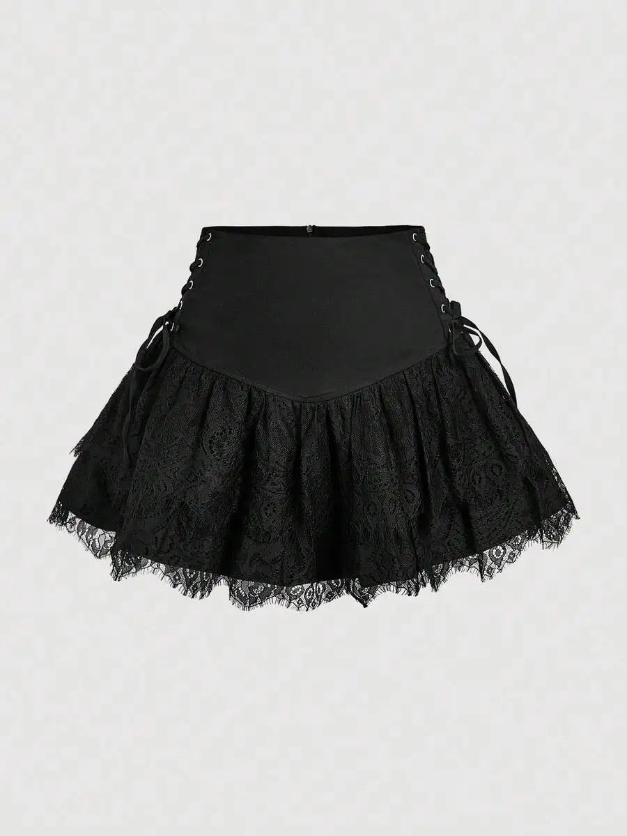 Women Solid Lace Up Side Ruffle Hem Mini Skirt For Summer