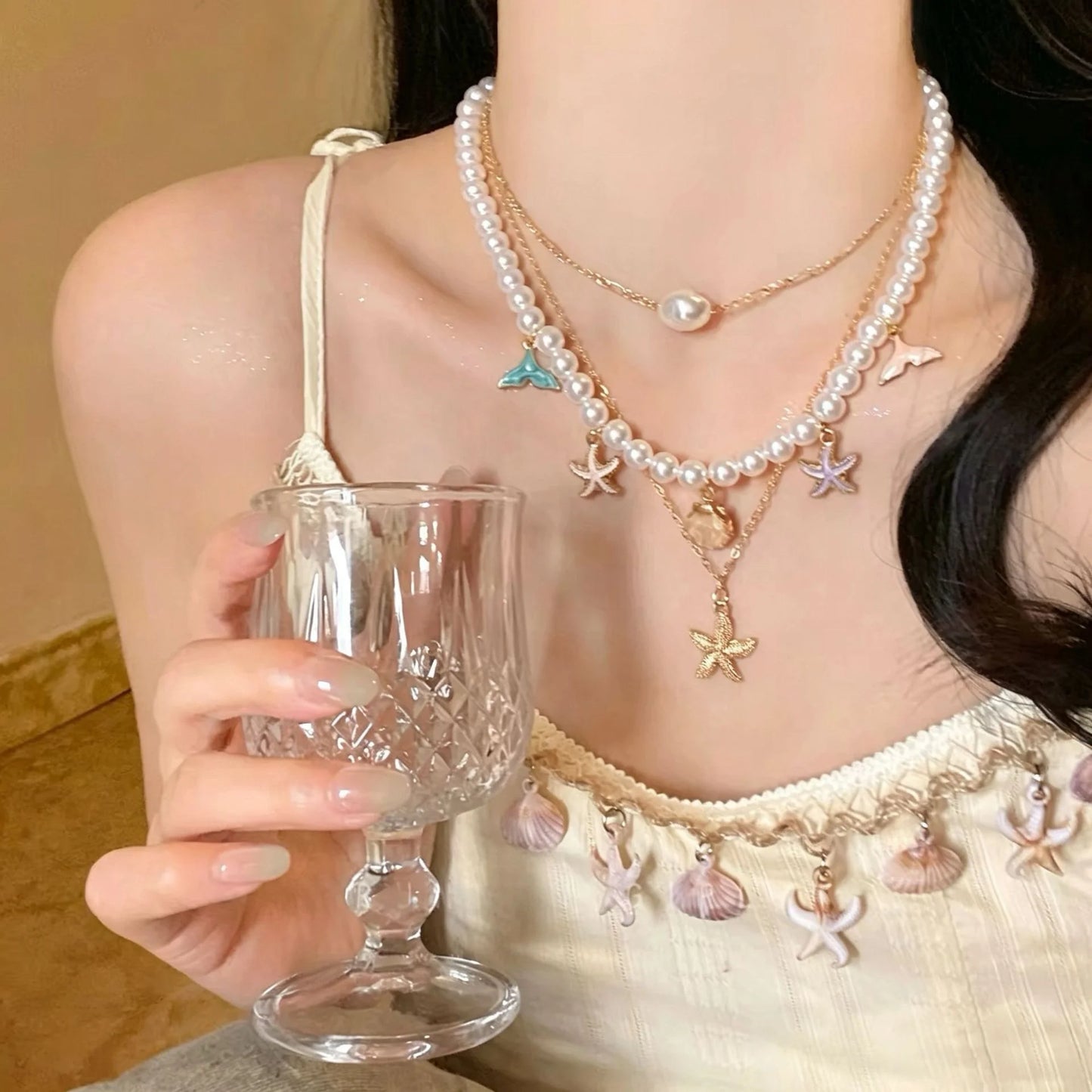 Y2K White Lace Cross Strap Key Choker Necklace for Women Sweet Cool Heart Chain Double Layer Necklace Fashion Party Jewelry Gift