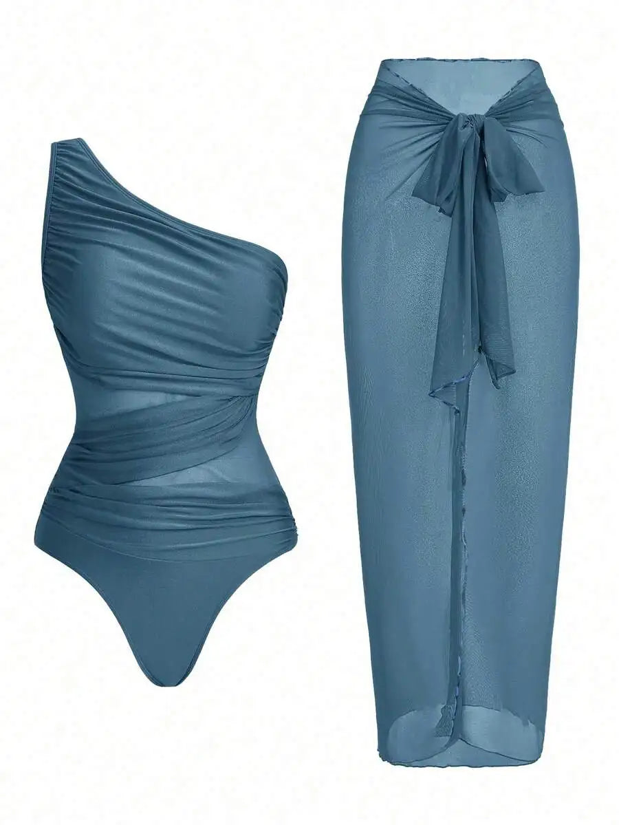 One Piece Ruched Swimsuit With Sarong Cover Up For Women Summer Beach