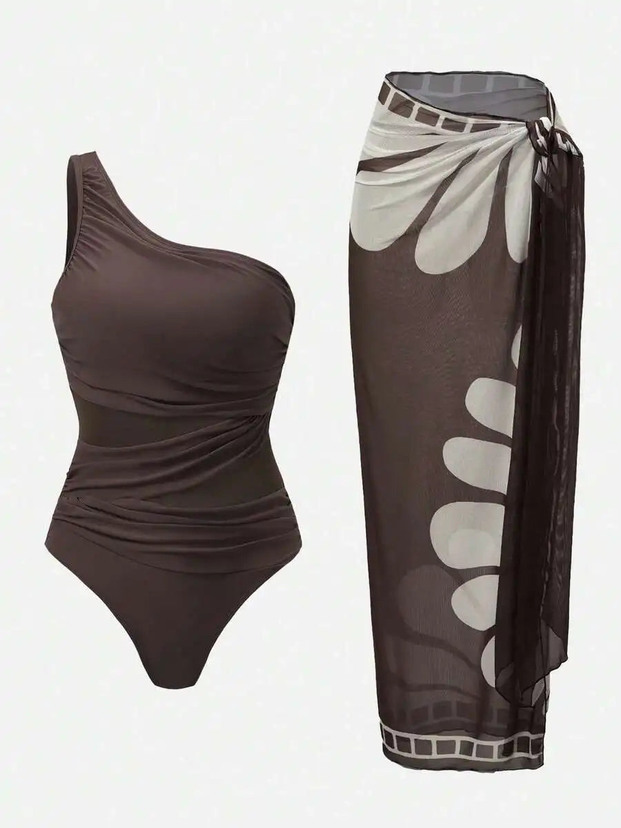 One Piece Ruched Swimsuit With Sarong Cover Up For Women Summer Beach