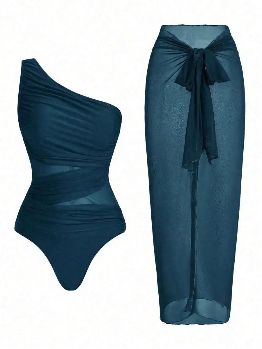 One Piece Ruched Swimsuit With Sarong Cover Up For Women Summer Beach
