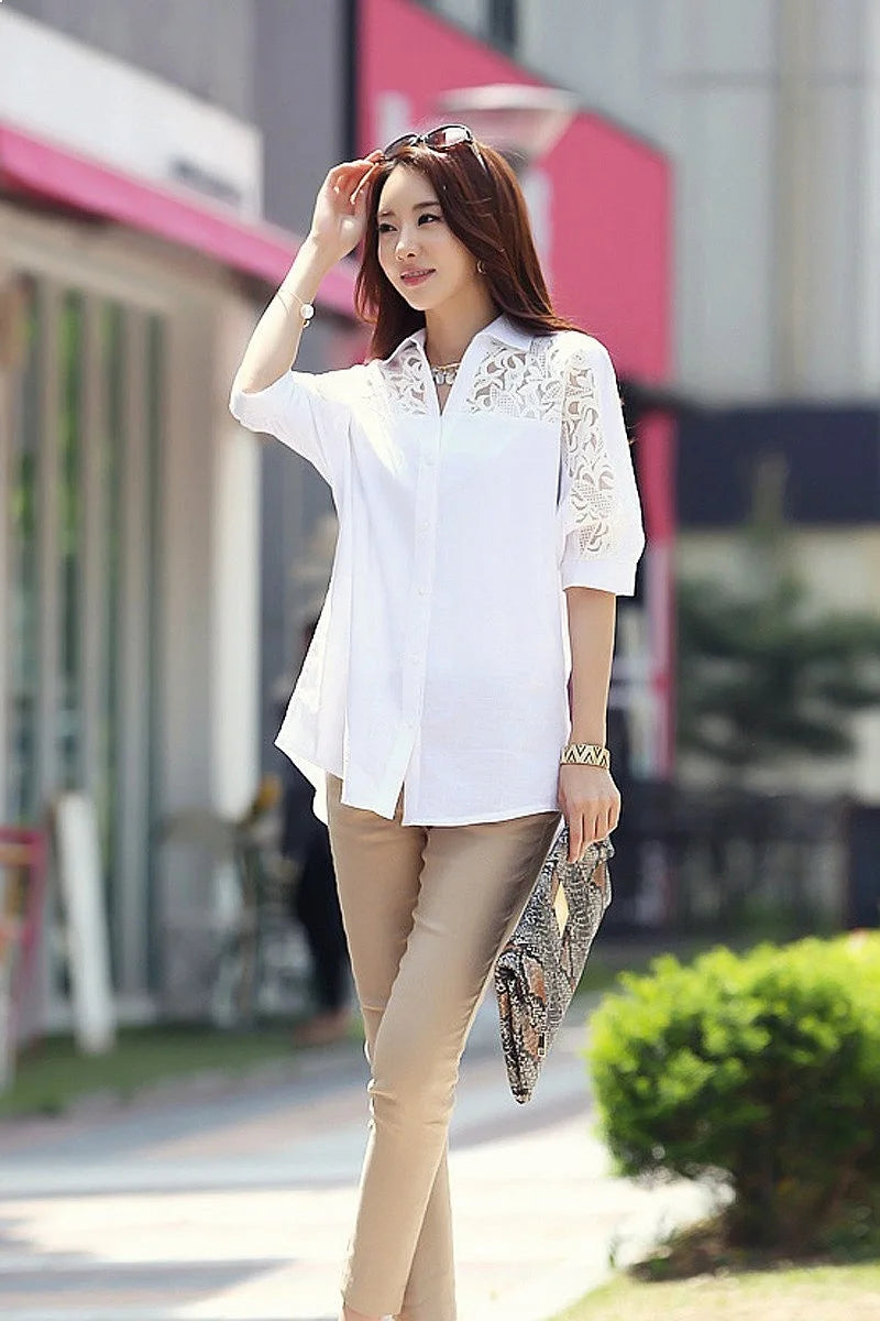 Sexy Lace Patchwork White Chiffon Button Up Shirt for Women Summer Casual Loose Half Sleeve Tops Blouse