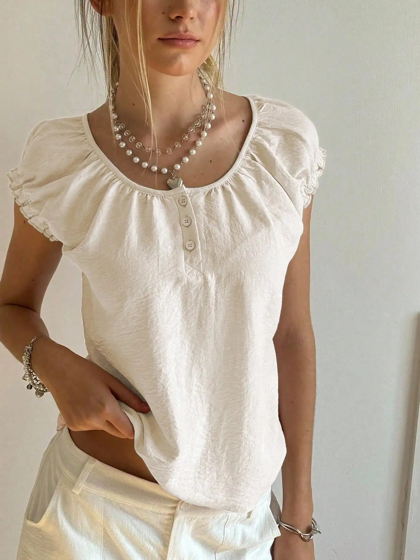 Women's Ruffled Sleeve Half-Open Neck Button Top