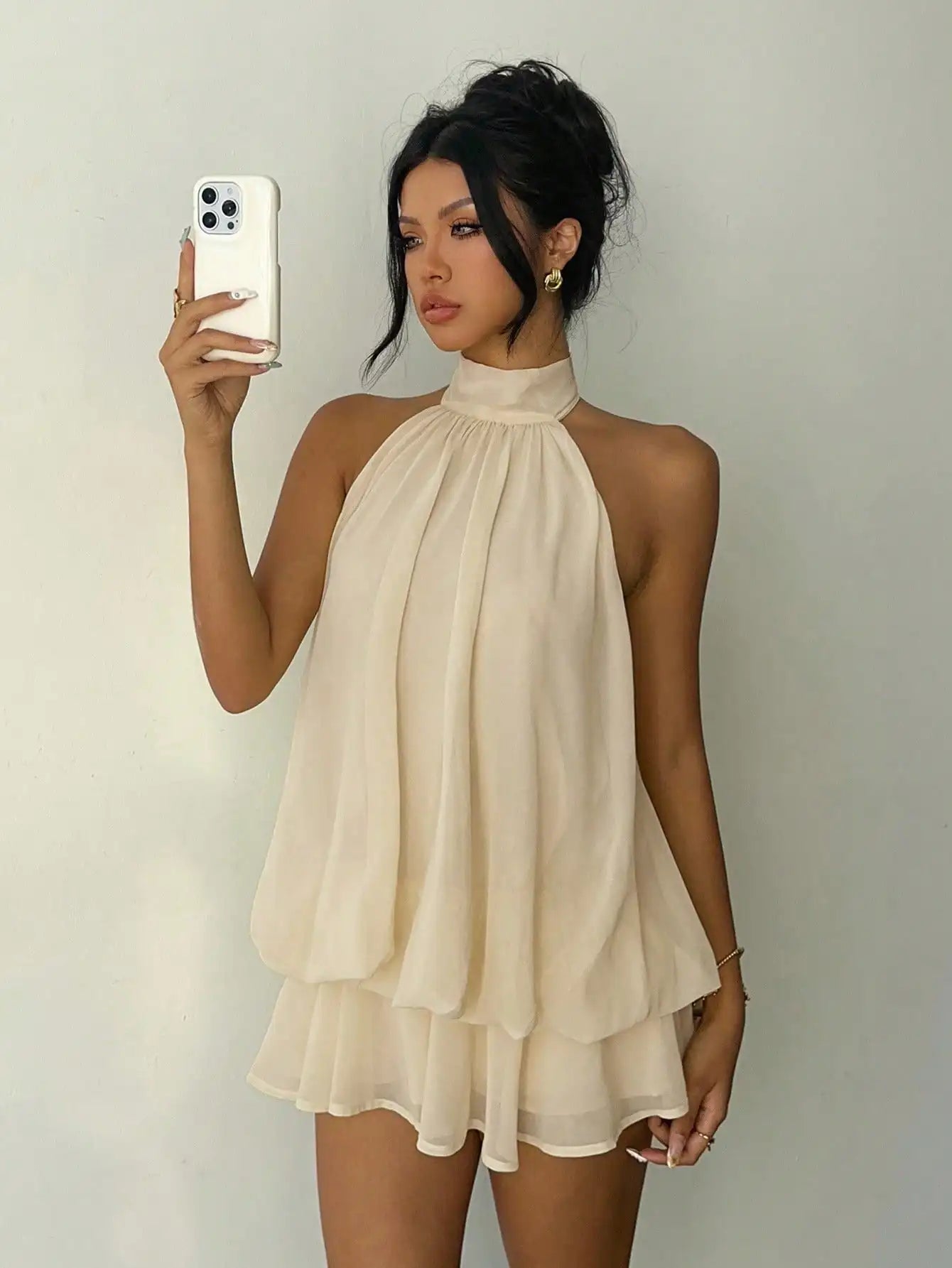 Aloruh Women's Elegant Light Yellow Halter Tie Mini Dress,Beige Summer Party Dresses,Wedding Guest,,Night Out,Birthday,Sun Dress,Island Vacation Outfit
