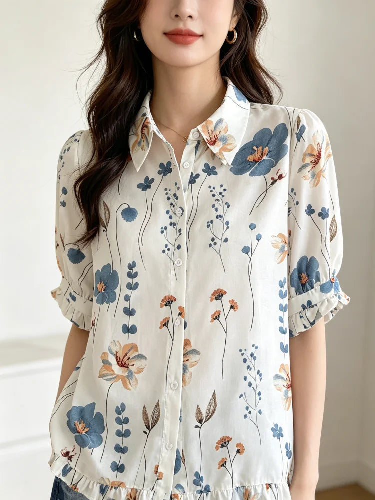 Women's Watercolor Floral Print Button Down Blouse, Lapel Puff Short Sleeve Ruffle Cuff Loose Summer Beach Casual Shirt