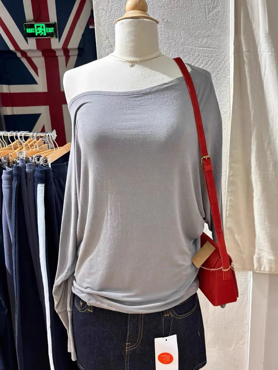 Navy Long Batwing Sleeve T-shirts Woman Sweet Slash Neck Cotton Tee Shirts Female Casual Simple All-match Tshirts Y2k Tops