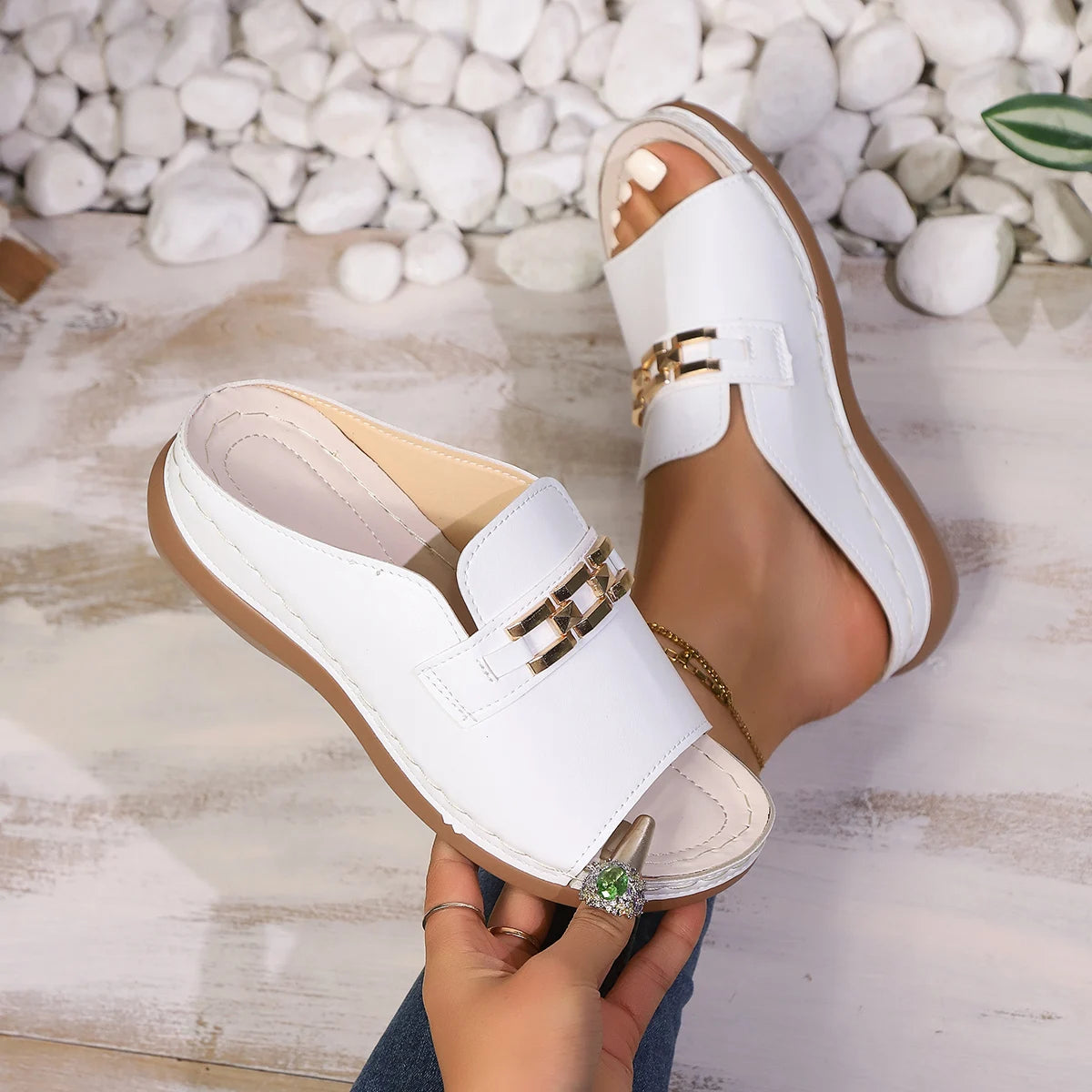 Women'S Chunky Platform Sandals - Slip-On Open-Toe Shoes with Golden-Tone Chain Accent, Non-Slip Wedge Heel, Cushioned Insole -