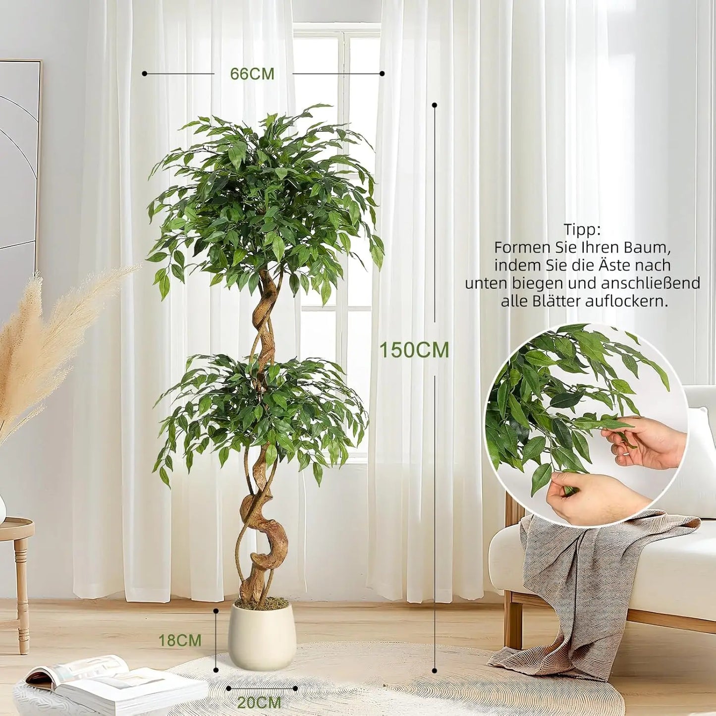 Artificial Ficus Tree 120/150/180cm with White Planter, Large Faux Weeping Fig with Curved Trunk and 1860 Silk Leaves, Lifelike Indoor Plant for Living Room Bedroom Office Decor, No Maintenance