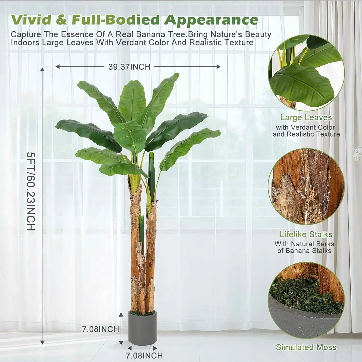 Artificial Banana Tree 7FT/6FT/5FT, Faux Banana Tree with Grey Planter, Artificial Plants with Fake Banana Leaves Plant for Home