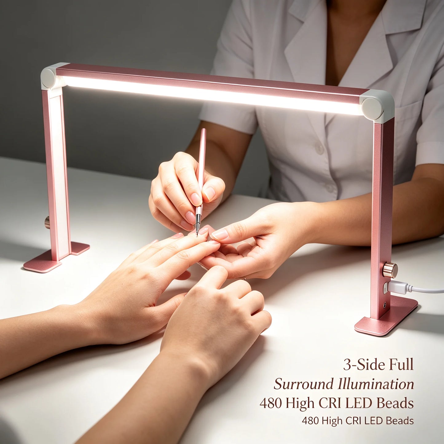 Square Foldable LED Nail Desk Lamp 36W, Half-Moon Manicure Light with Stepless Dimming & 3 Color Temperatures, 3000LM 480 Beads for Nail Art Eyelash Extension, Pink