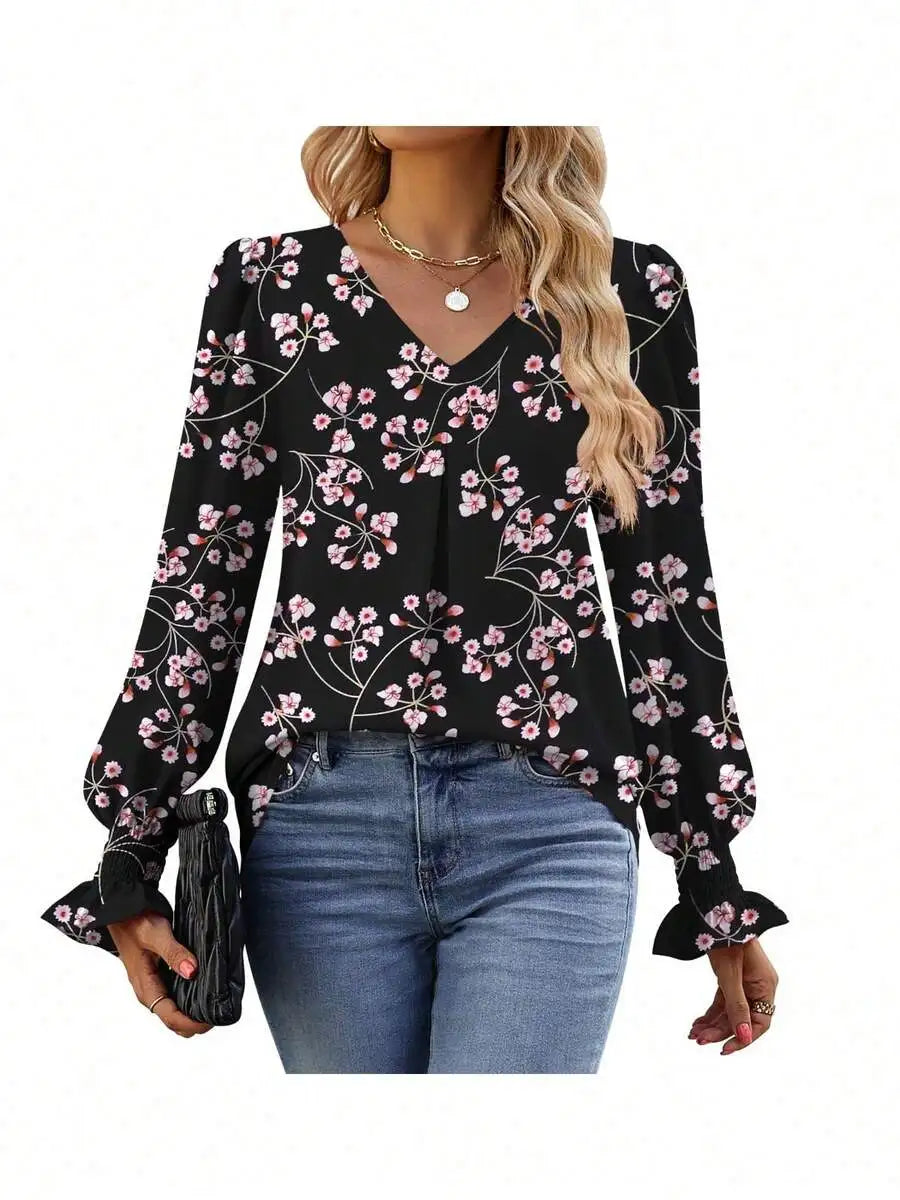 Womens Long Sleeve V Neck Loose Chiffon Blouse Casual Elegant Tunic Top