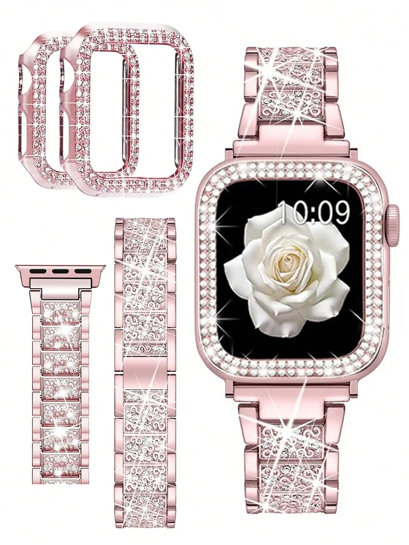 Pink Shiny Diamond Metal Strap & Bling Protective Case 2Pcs Set for Apple Watch, Women Luxury Jewelry Accessory, S(38/40/41) M(42/44/45/49) L(S10/S11 42) XL(S10/S11 46), Compatible with Ultra3/Ultra2/Ultra, SE3/SE2/SE, Series