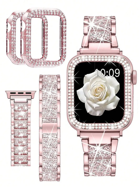 Pink Shiny Diamond Metal Strap & Bling Protective Case 2Pcs Set for Apple Watch, Women Luxury Jewelry Accessory, S(38/40/41) M(42/44/45/49) L(S10/S11 42) XL(S10/S11 46), Compatible with Ultra3/Ultra2/Ultra, SE3/SE2/SE, Series
