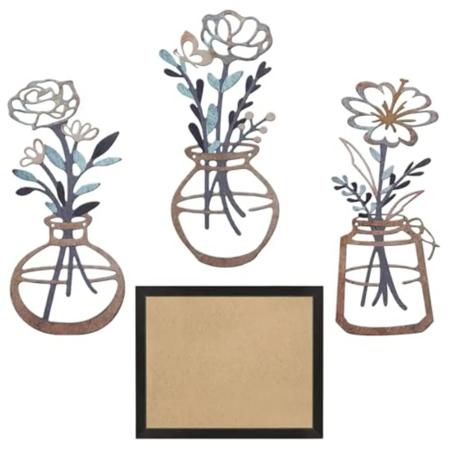 Metal-Wall-Decor Living Room - 3 Pcs Metal Bathroom Wall Art Floral Vase and Picture Frame for Decoration- Hanging Display Wall