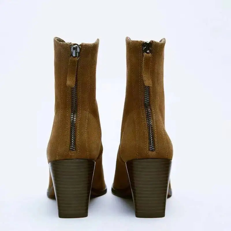 2026 Suede Leather Women's Pointed Toe Zippered Western Cowboy For Women Ankle Bootsblock Heel Work Boots Female Shoes