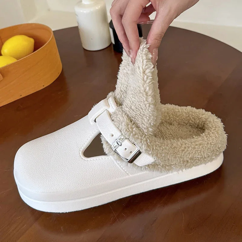 2025 New Waterproof Eva Fuzzy Mules Women Winter Warm Fluffy Slippers Soft Thick Sole Anti Slip Indoor Shoes