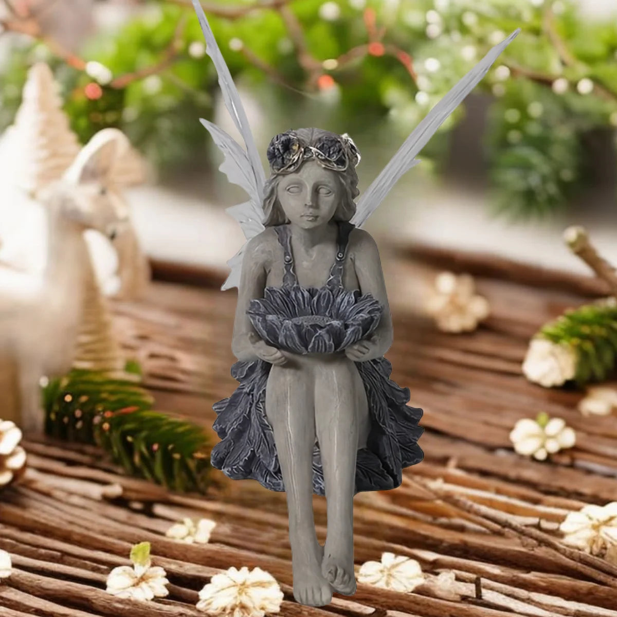 Outdoor Garden Solar Statue Light, Outdoor Solar Fairy Garden Statues, Garden resin flower fairy holding flower statue decorativ