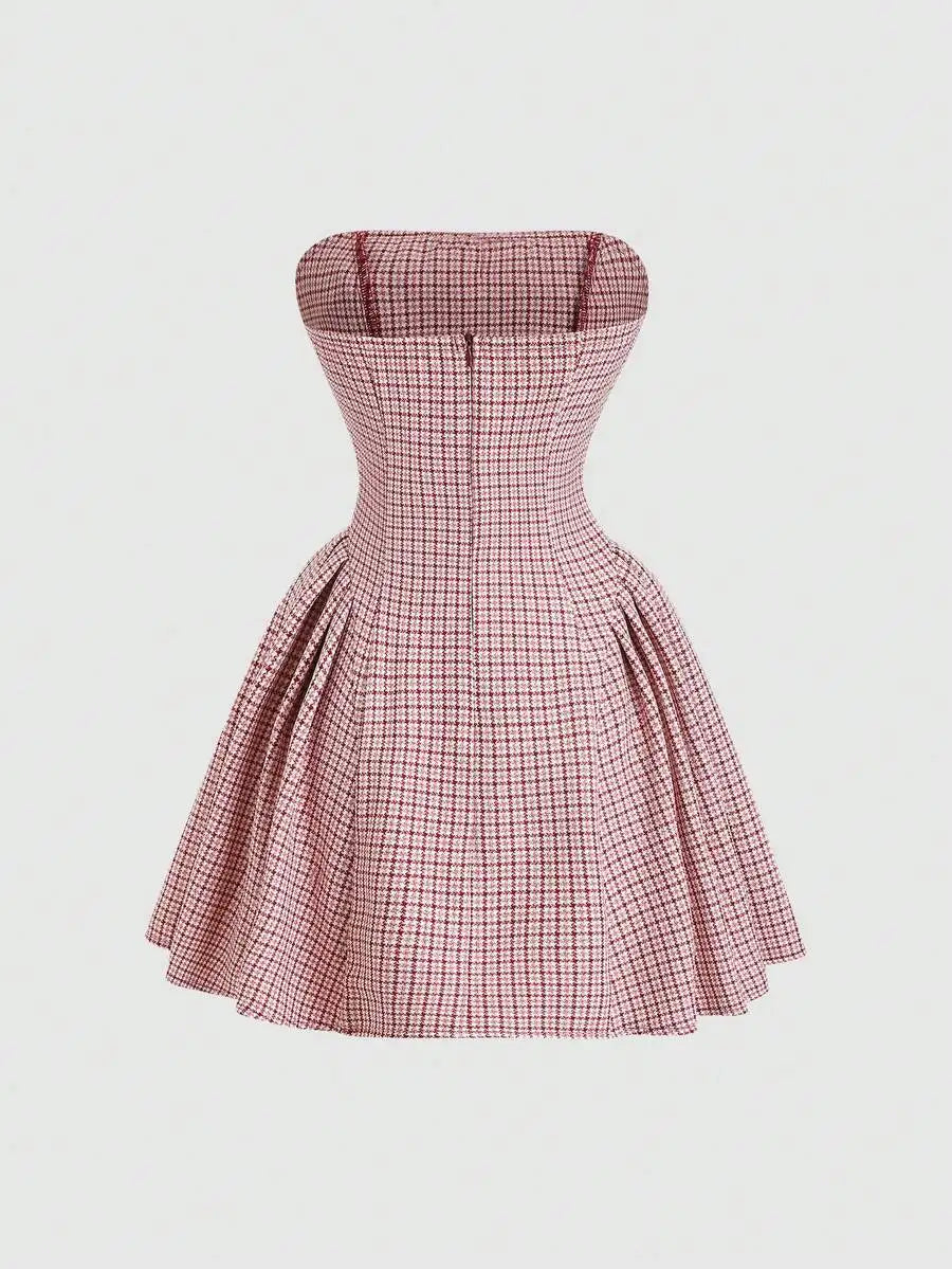 Vintage Houndstooth Strapless Bowknot Mini Dress Red And White Casual