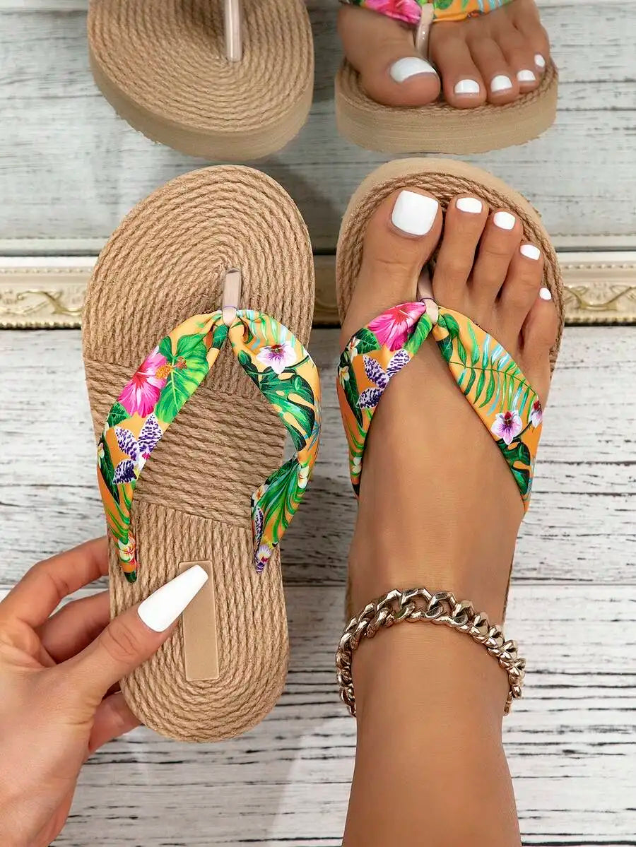 Womens Flat Sandals Cherry Print Cross Strap Thick Sole Summer Beach Slippers