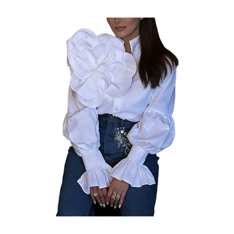 Women Stand Collar 3D Floral Puff Sleeve Blouse For Casual Streetwear Daily Outfit And Vacation Occasion