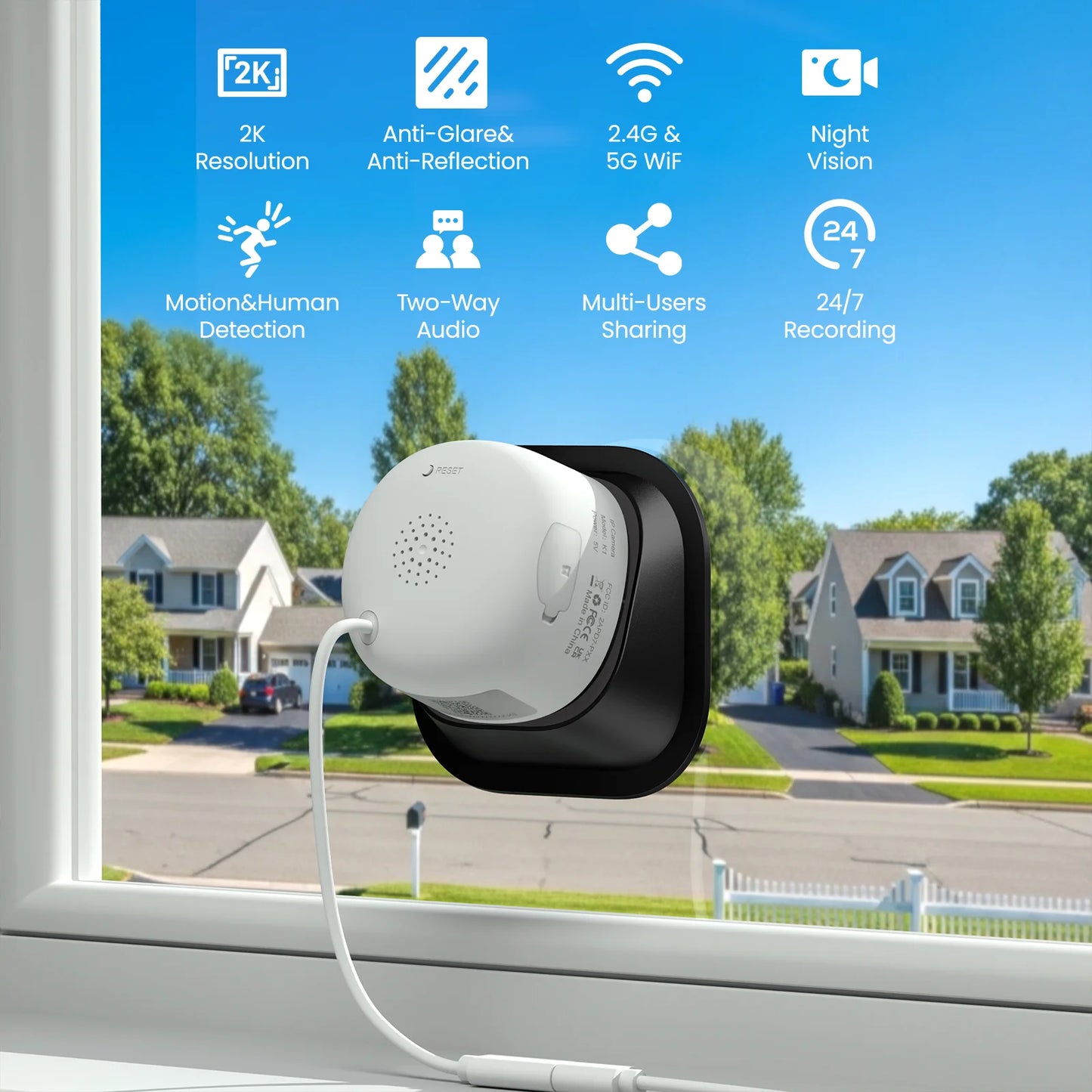 2K Window Camera WiFi Indoor Cameras For Home Security Full Color Night Vision Two-Way Audio Motion Detection