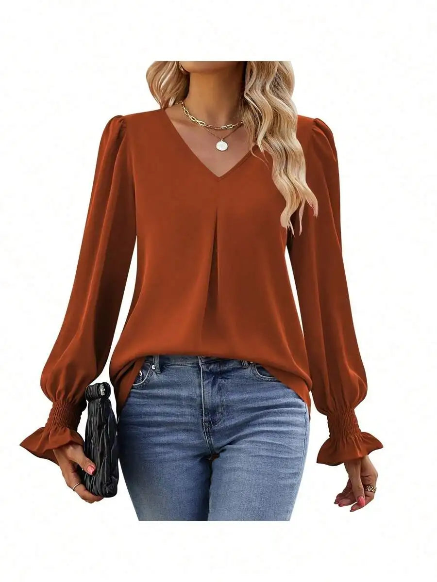 Womens Long Sleeve V Neck Loose Chiffon Blouse Casual Elegant Tunic Top