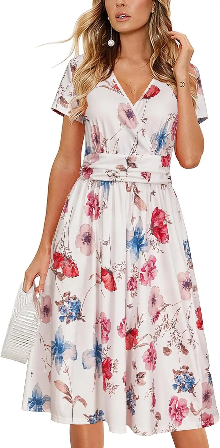 Women's Summer Wrap A-Line Midi Dress with Pocket and V-Neck