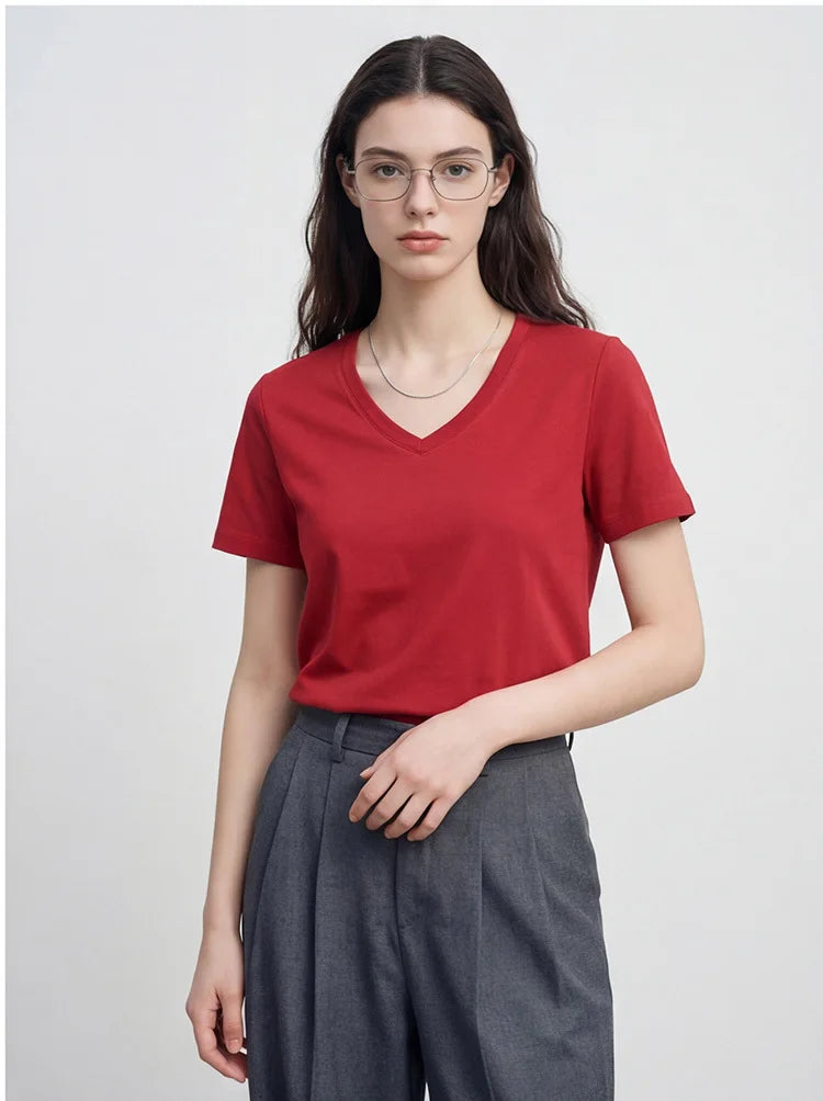 Summer 6% Mulberry Silk Cotton T-shirts Women Loose Round Neck Short Sleeve Luxury Tee Solid Color Basic Tops