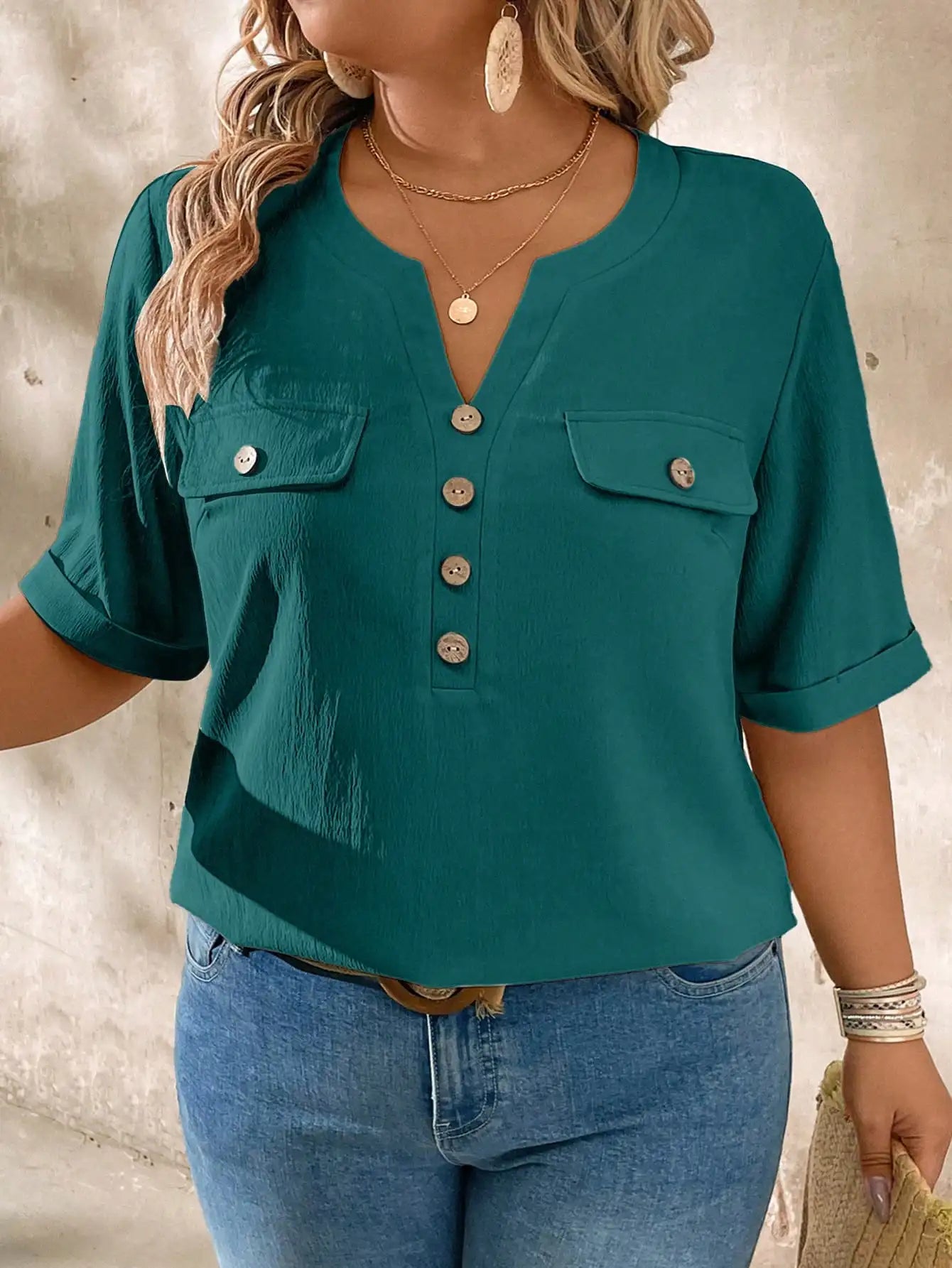 Casual V-Neck Short Sleeve Shirt With Wood Buttons