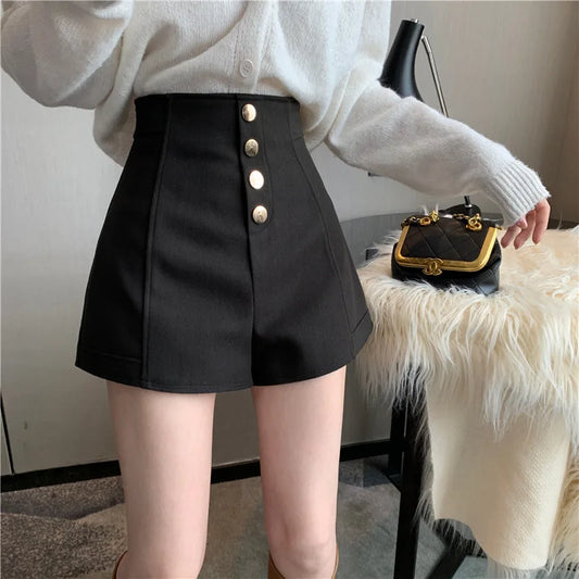 Single Breasted Wide Leg Shorts Solid Classic Slim High Waist Spring Summer Women Daily Casual Hot Pants