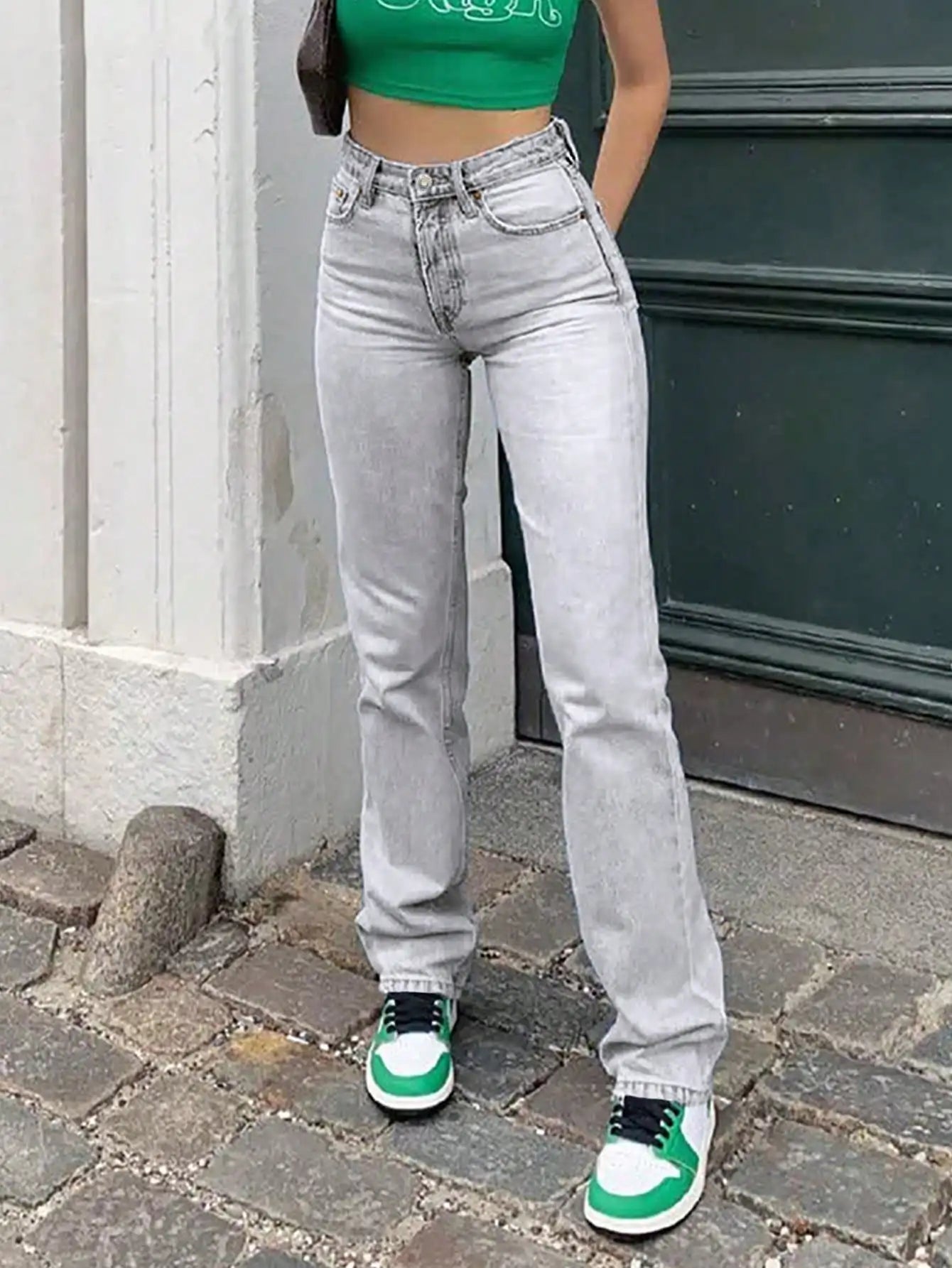 High Waist Stretch Straight-Leg Denim Jeans for Women - Light Wash, Vintage Style